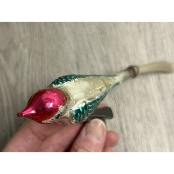Vintage Mercury Glass Clip On Bird Ornaments Set Of 2 - 1 with Fiberglass Tail - Picture 5 of 10